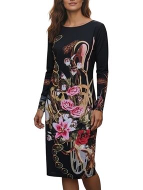 Chic Joseph Ribkoff Black Long-Sleeve Floral Print Sheath Dress Sz 14